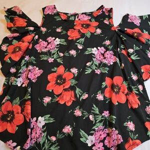 Time To Bloom Vibrant Floral Cold Shoulder Top Tiered Ruffle Sleeve 2X